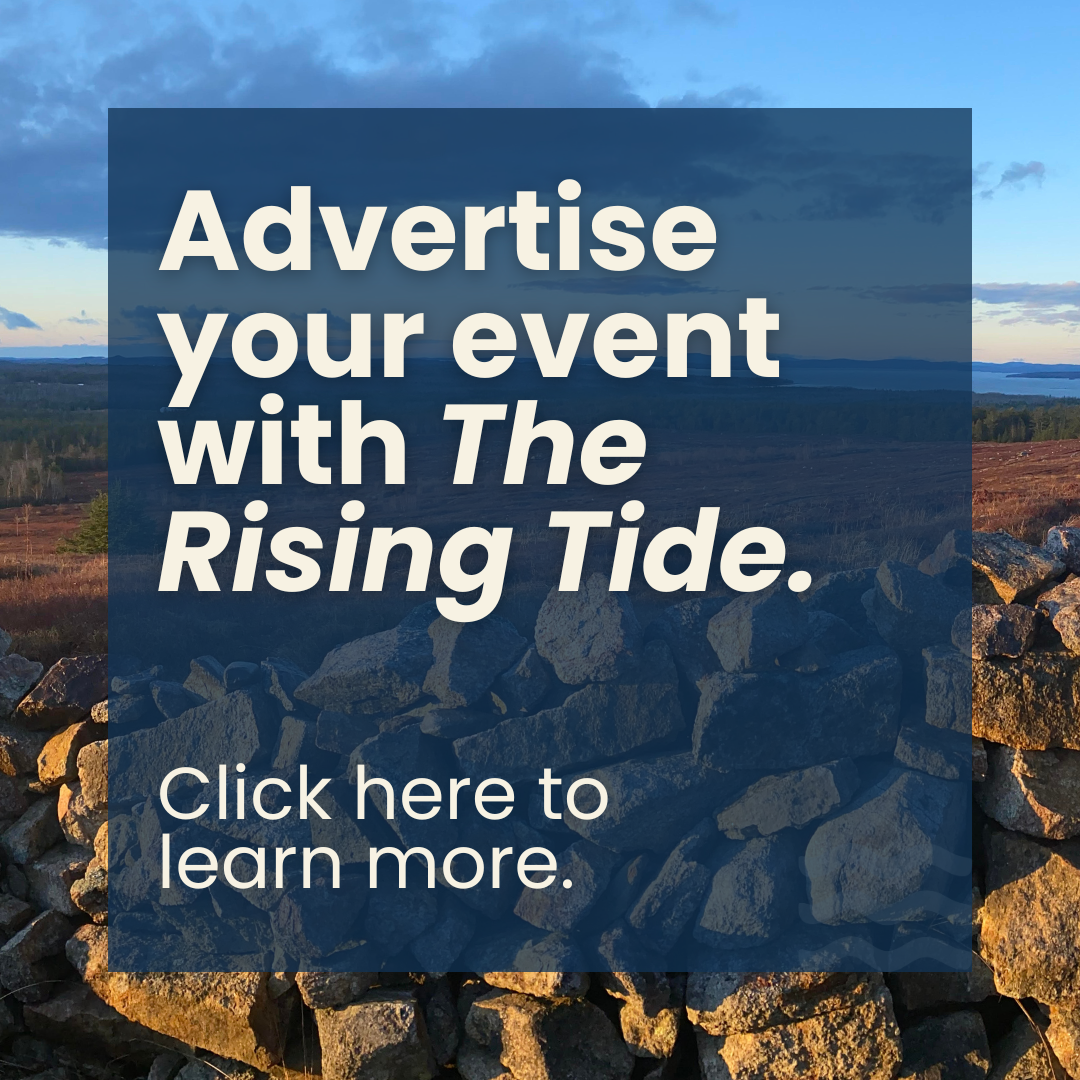 A landscape with a stone wall, open fields, and a blue sky with clouds during sunset, overlaid with a call-to-action text about advertising events with The Rising Tide.