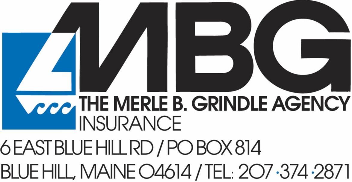 Logo of the Merle B. Grindle Agency Insurance, features a blue square with a white sailboat and waves, bold black text with the agency name, and contact address and phone number in smaller font.