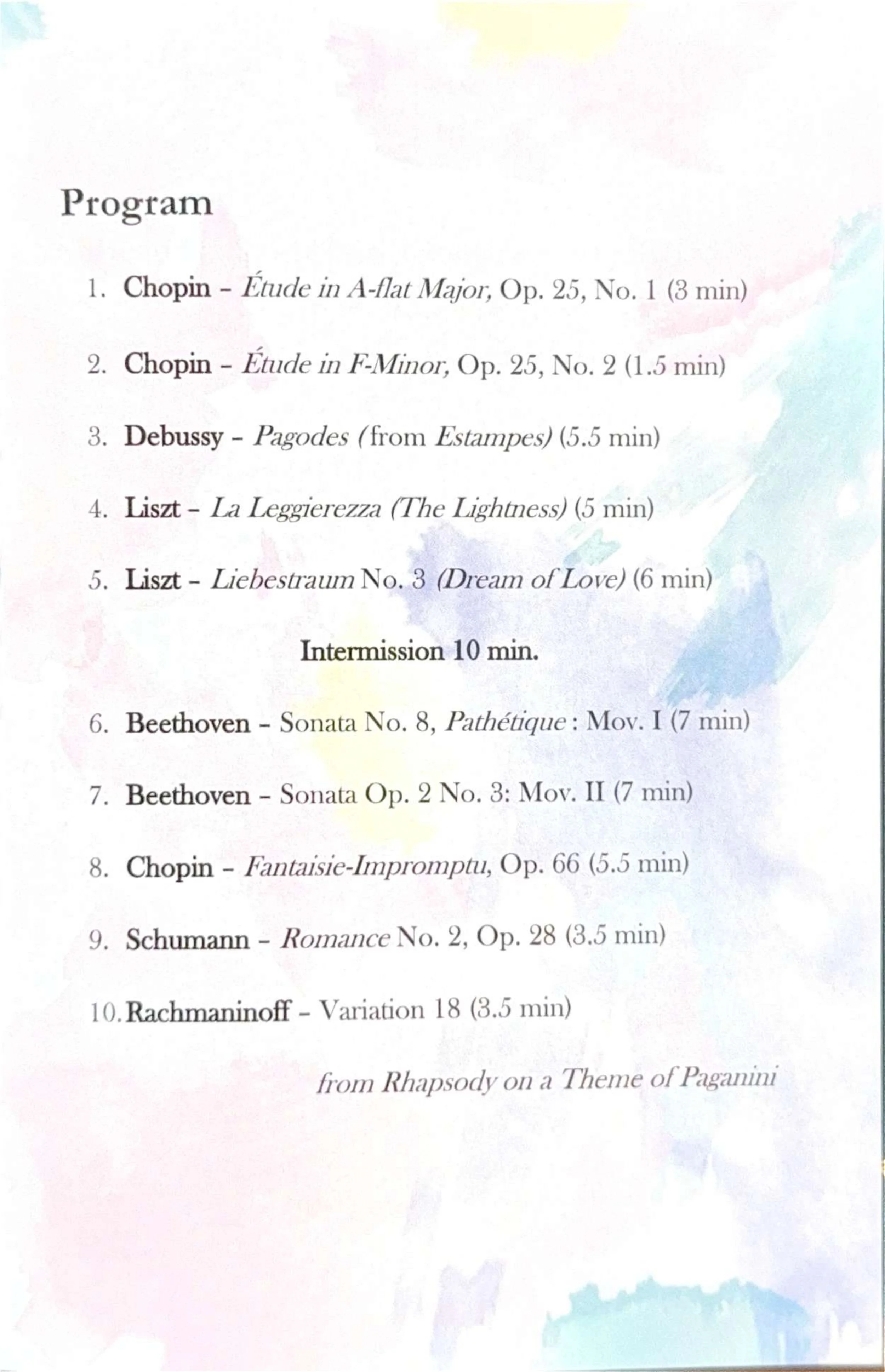 A program for a classical music concert featuring works by Chopin, Debussy, Liszt, Beethoven, Schumann, and Rachmaninoff, including piece titles and durations.