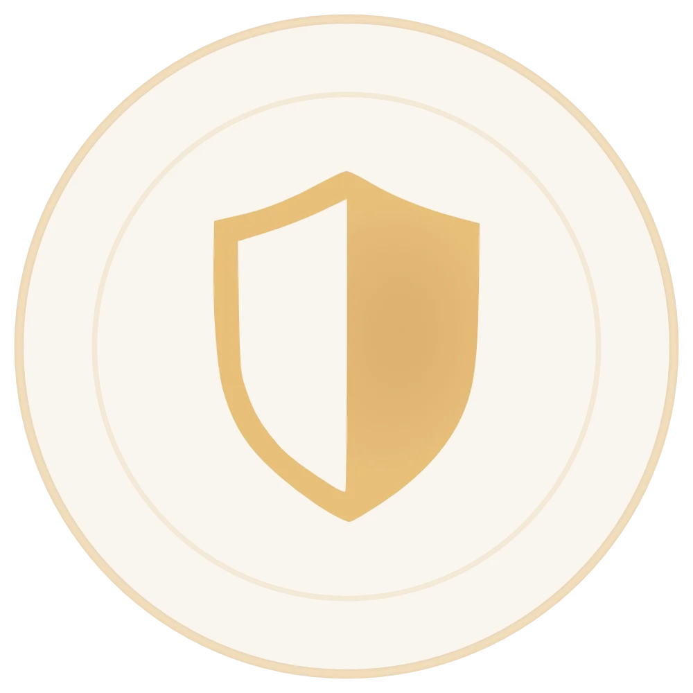 Gold shield emblem on a light beige circular background.