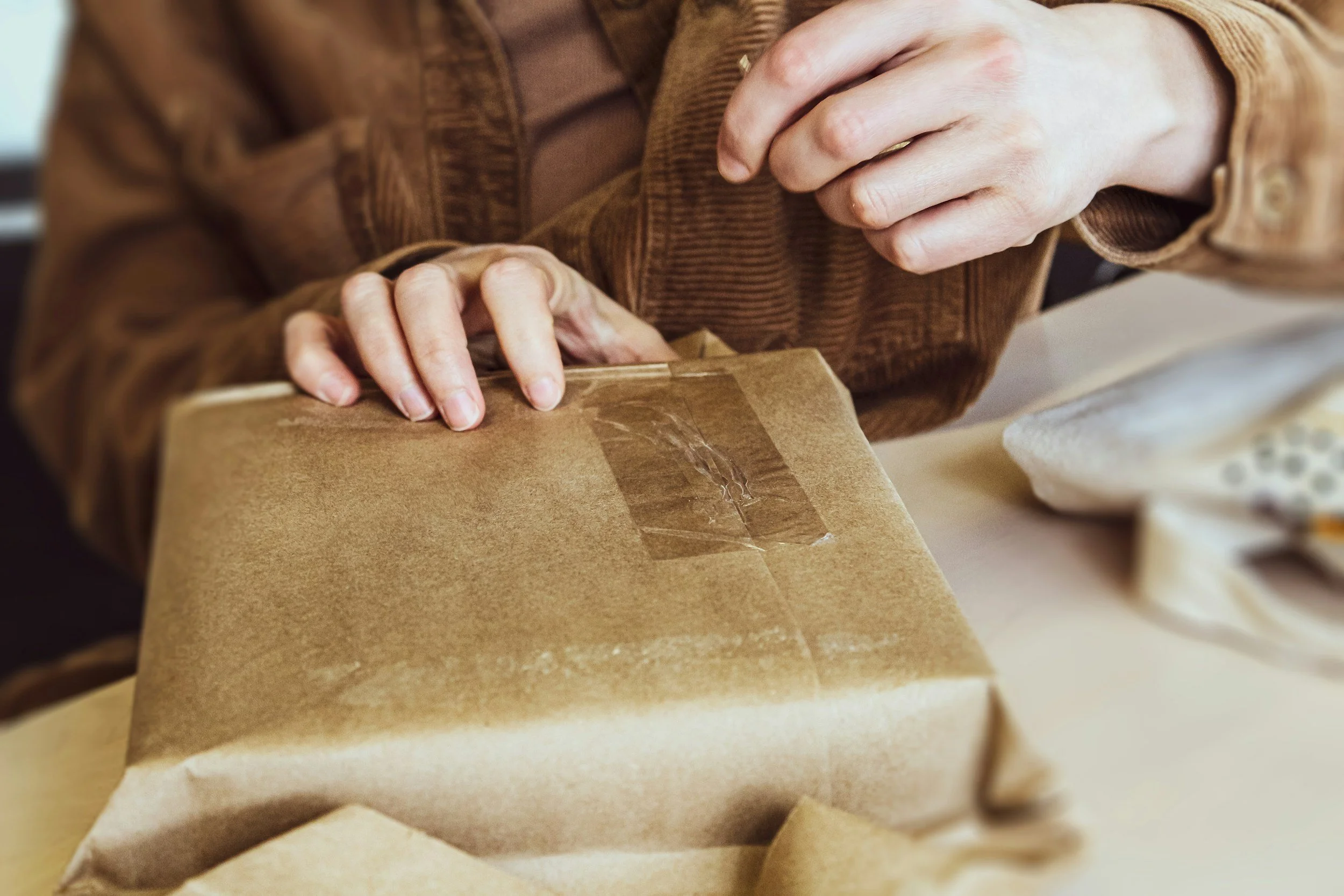 woman taping brown paper wrapping for parcel.