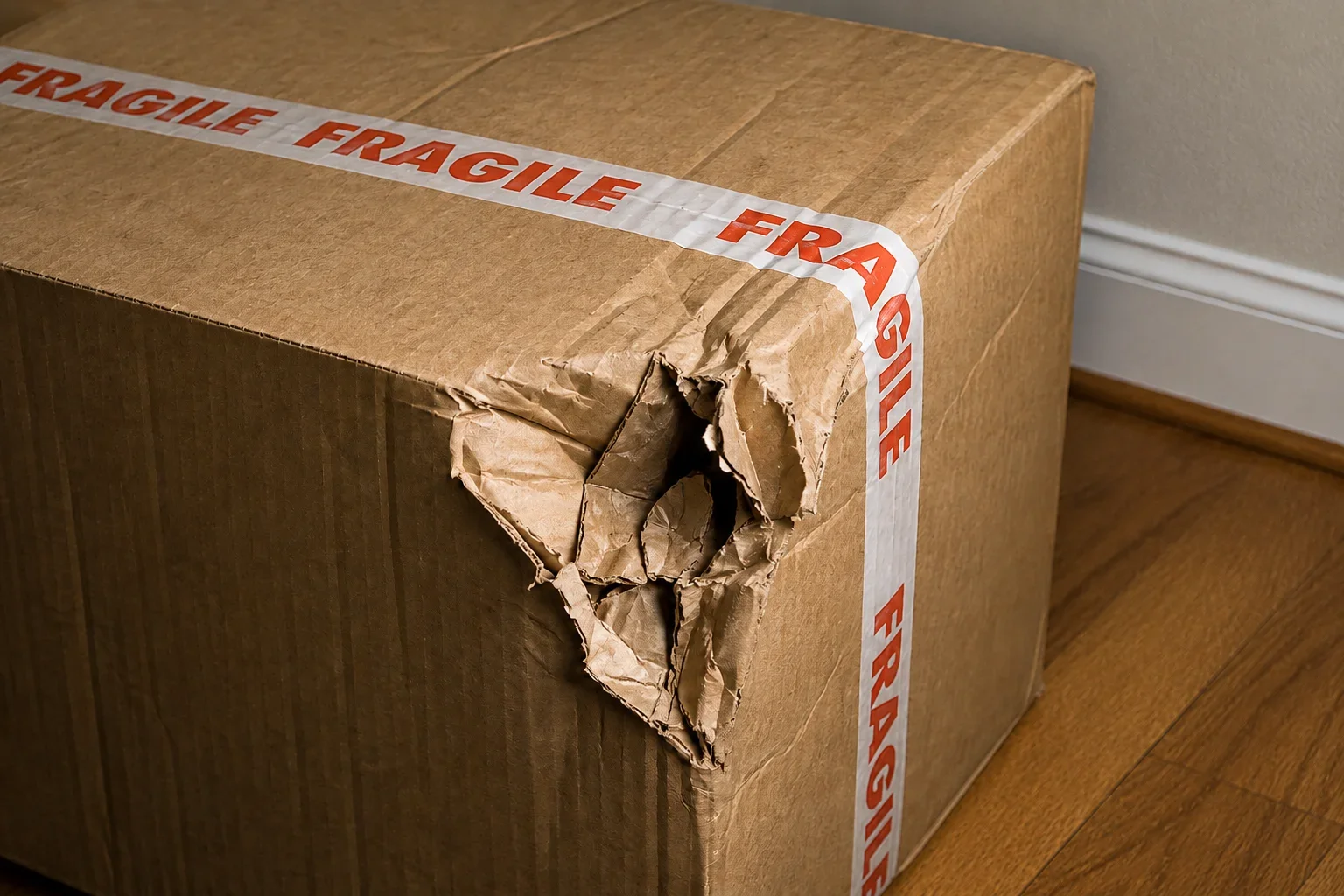 Cardboard shippping box with damaged cornder on floor, fragile sticker.
