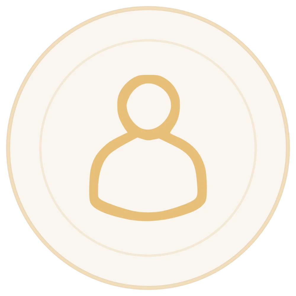 A gold-colored icon of a person on a circular background.