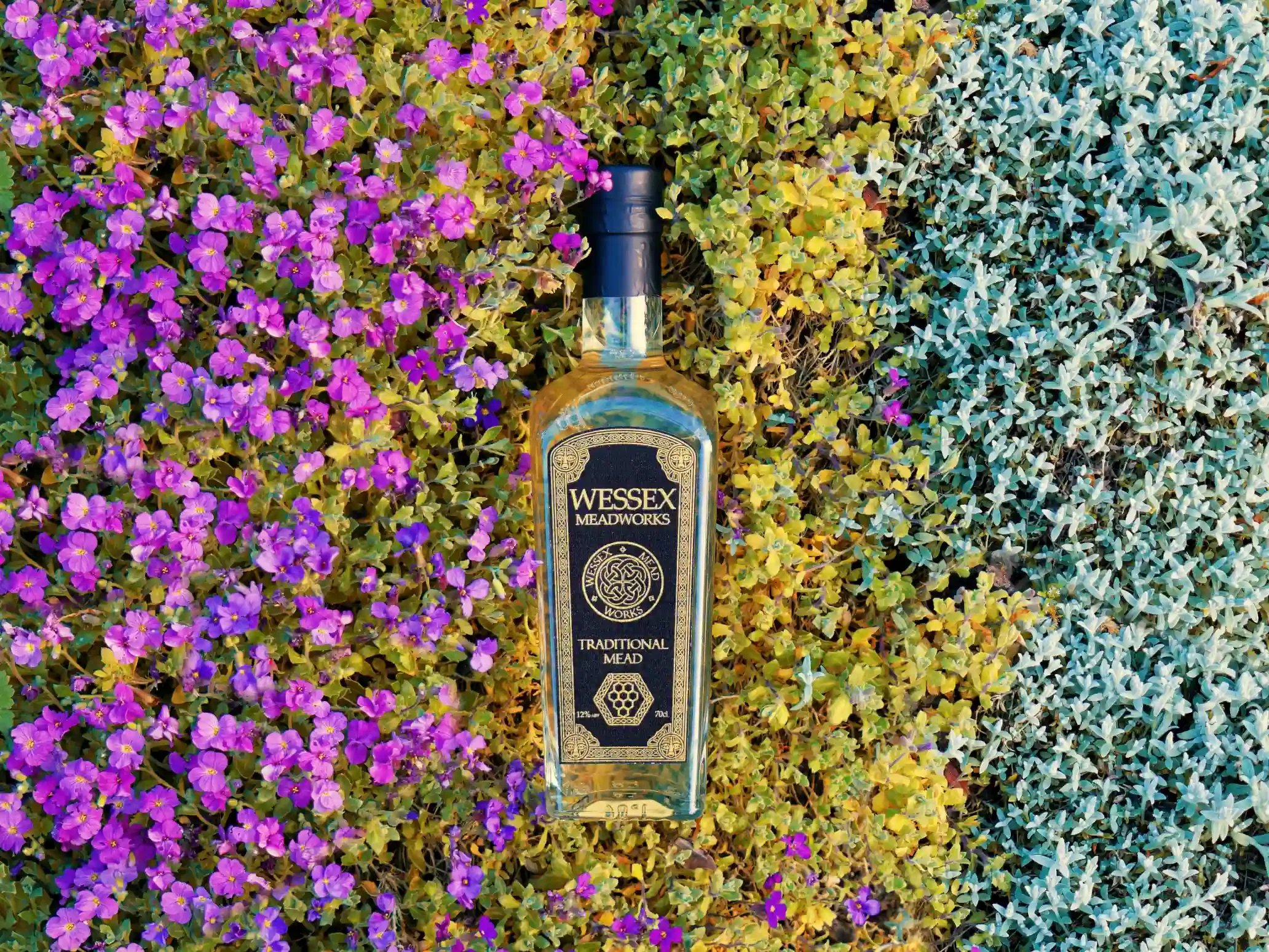 Wessex Meadworks, Large Bottle on Flowerbed.