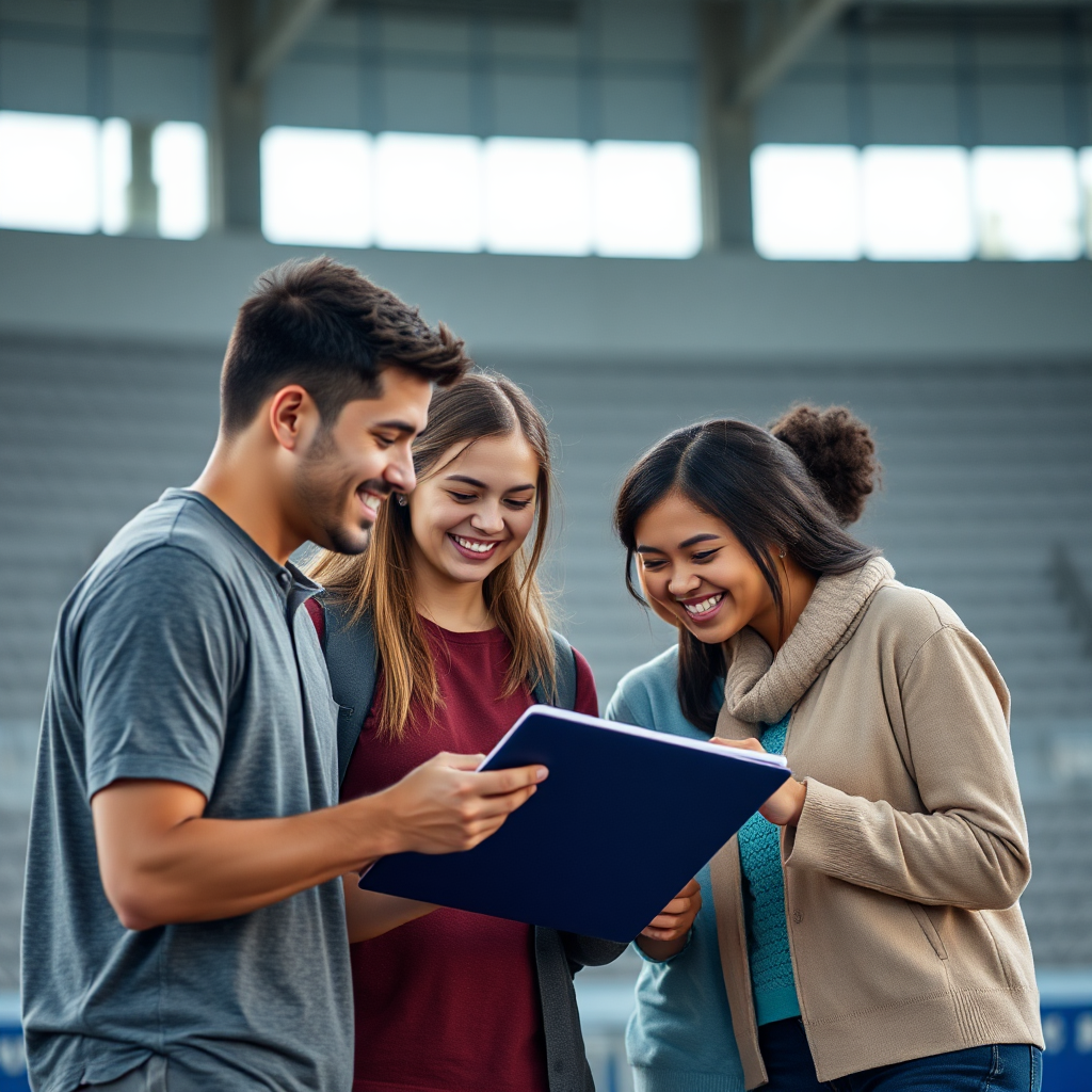 Three diverse student athletes and an SDC Global associate are smiling and looking at a tablet together in a gymnasium.