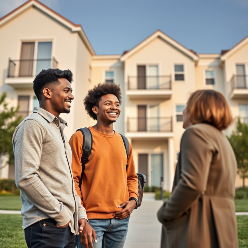 Former student athlete and family, two men and one woman, and an SDC Global associate are outdoors in front of a multi-story residential building, engaging in conversation and smiling.