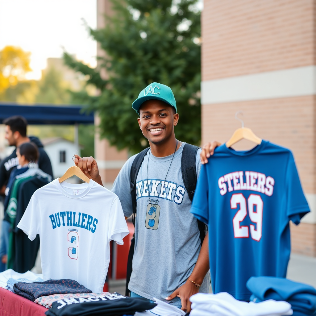 Male athlete smiling at outdoor event, holding up two sports jerseys, one white with the number 3, and one blue with the number 29, with tables of clothing in front of him and people in the background.