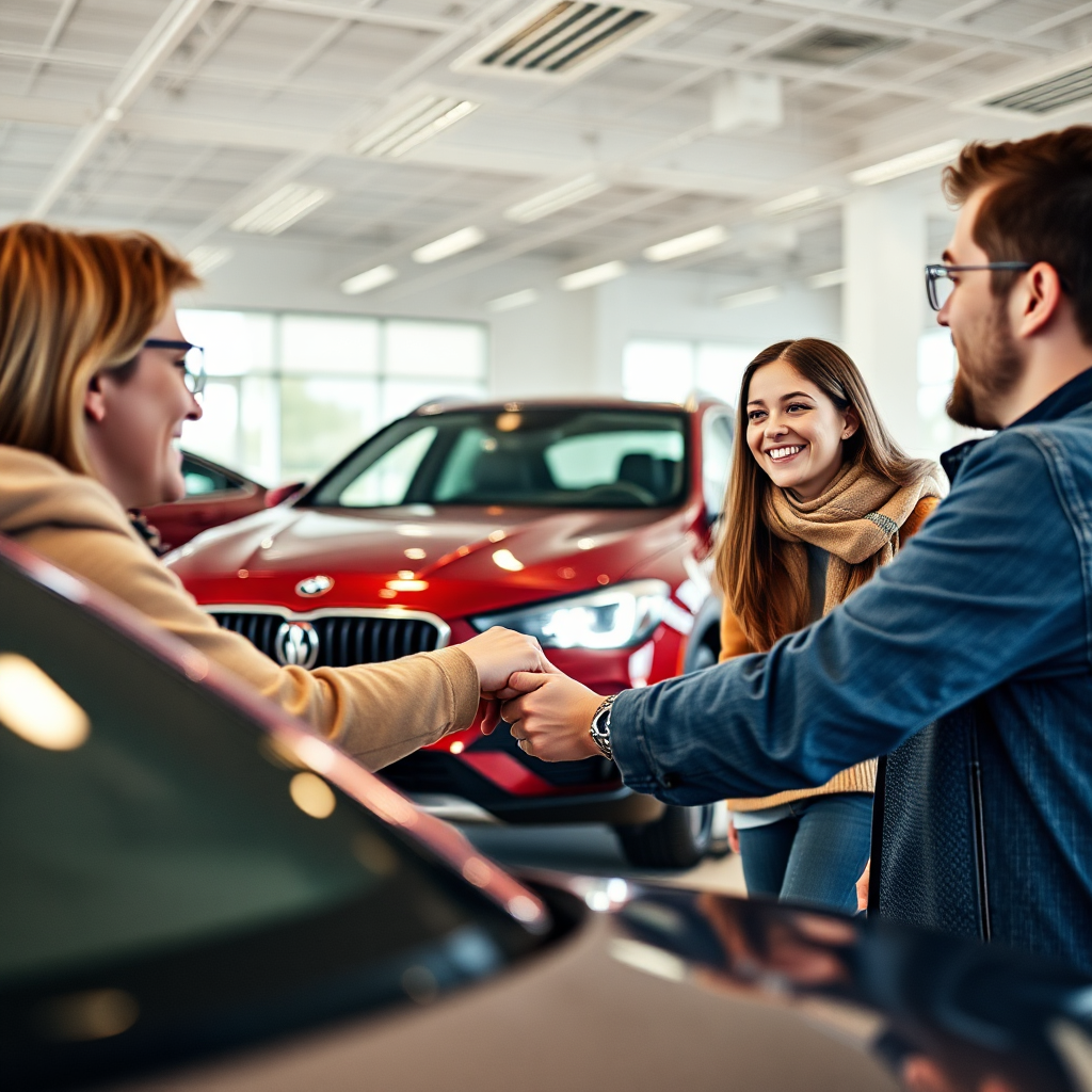 A student athlete is shaking hands with a car salesman inside a car dealership, smiling, with several new cars in the background.