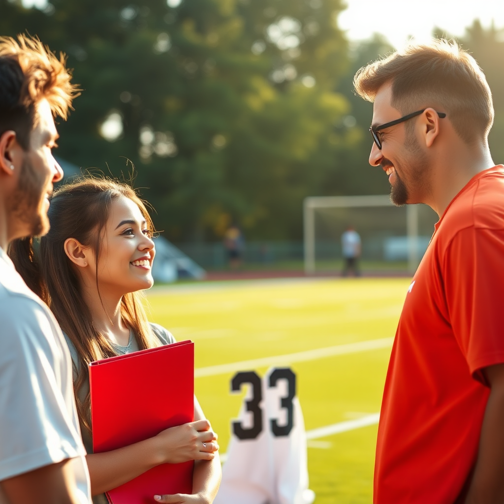 Four student athletes and an SDC Global associate standing on a football field outdoors during the daytime, smiling and talking to each other. One girl is holding a red folder, and a goalpost with the number 33 is visible in the background.