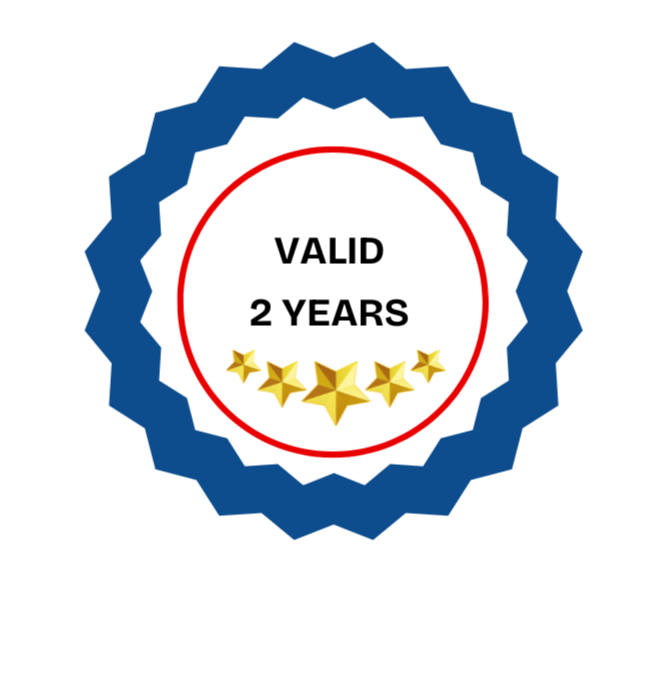 A badge with a star-shaped border, featuring the text 'VALID 2 YEARS' and five gold stars at the bottom.