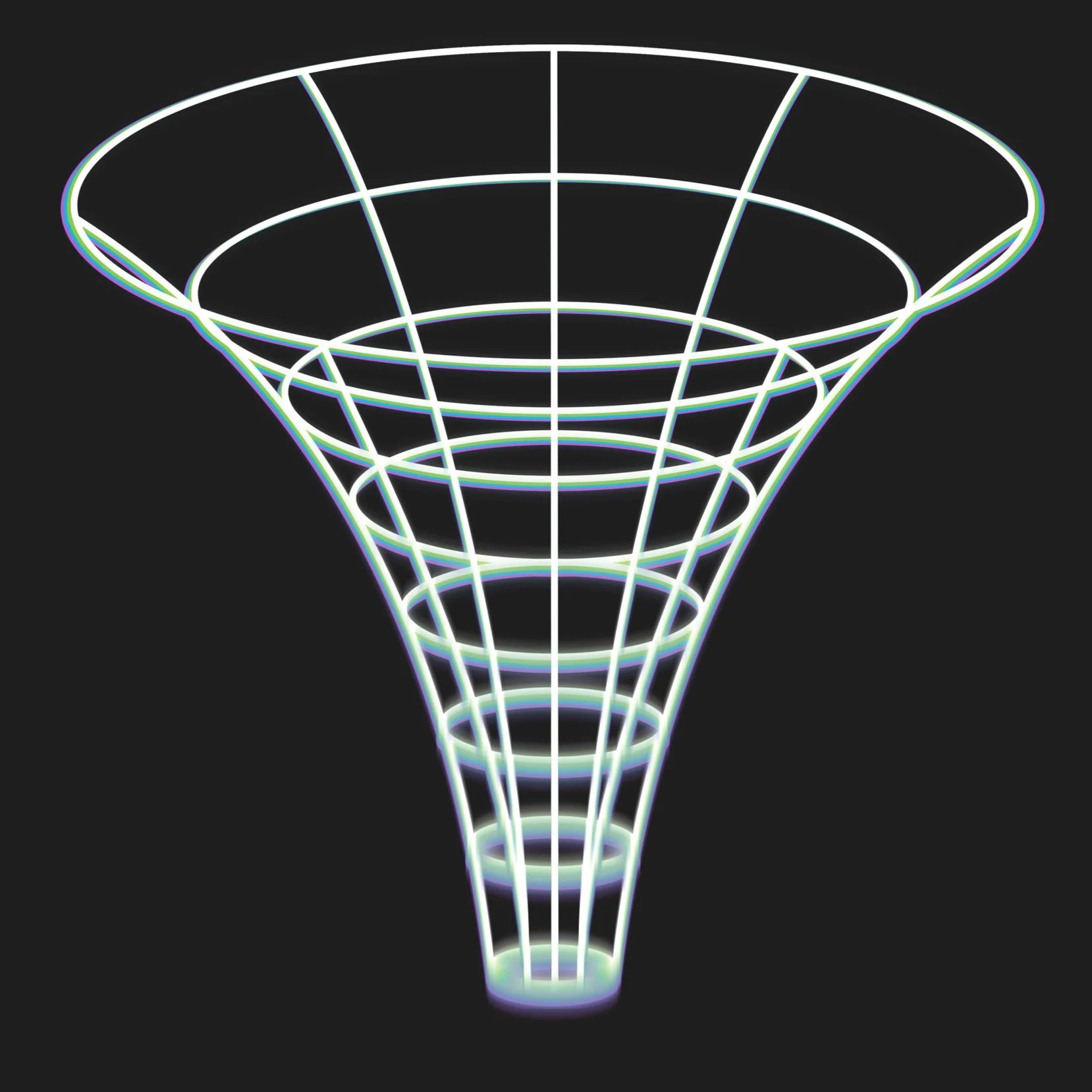 clean and modern gravity well logo of a wireframe worm hole, being warped into spectral colors the further you go down the funnel