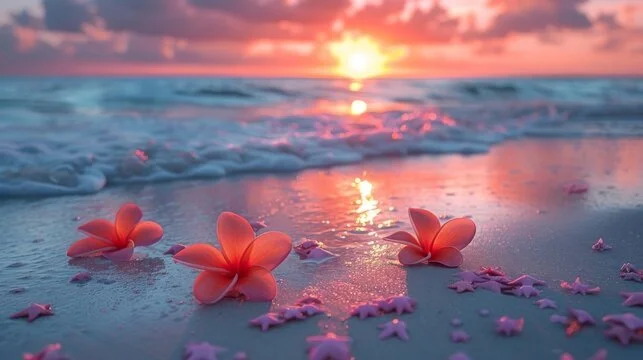 Pink flowers and purple star-shaped decorations on a sandy beach at sunset with ocean waves