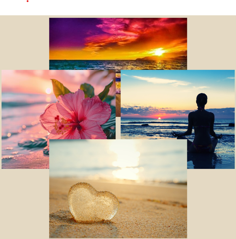A collage of beach and sunset scenes, including a colorful sunset over the ocean, a woman meditating near the water at sunset, a pink hibiscus flower at the beach, a heart-shaped piece of sand, and a person sitting on the beach during sunset.