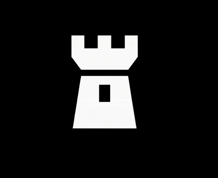 A black and white stylized chess rook, with a minimalistic design and a black background.
