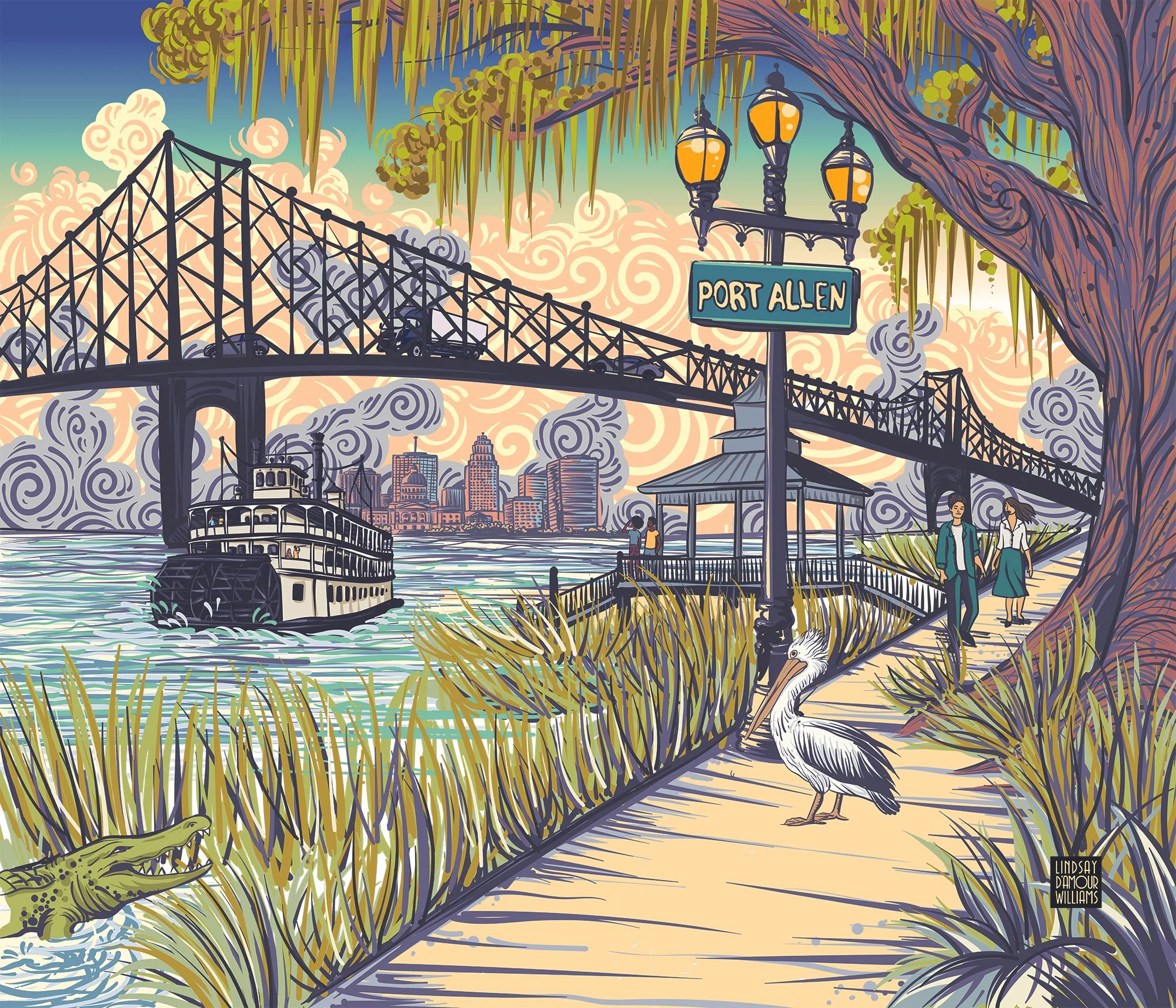 Large-scale illustrated mural depicting the Mississippi River with a paddlewheel riverboat, the Port Allen sign and lamppost, a steel truss bridge with vehicles crossing overhead, city skyline in the distance, a pelican on the riverwalk, and an allig