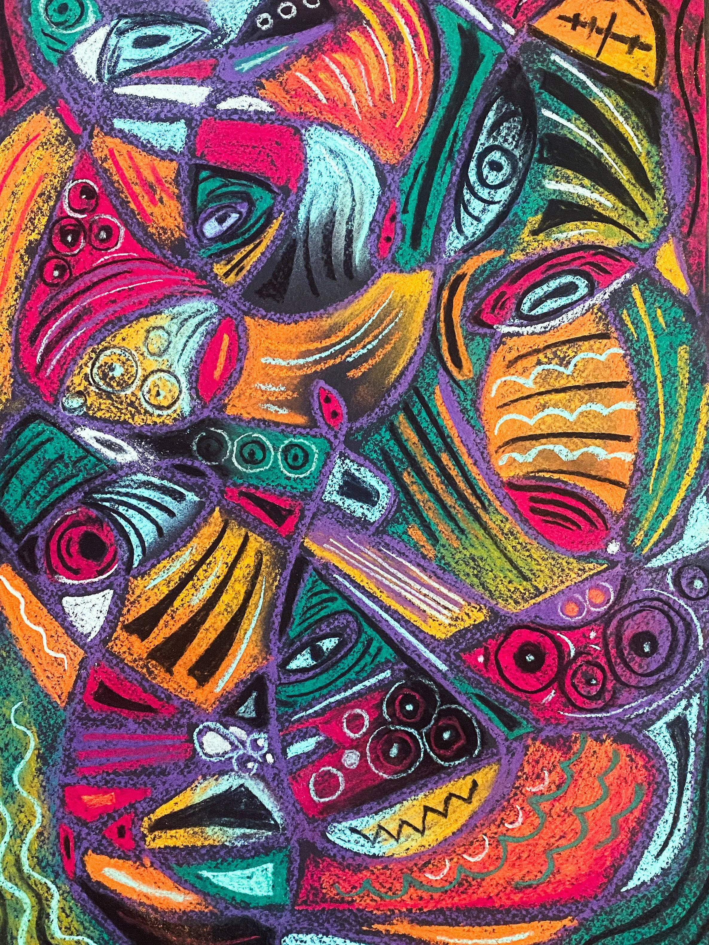 Oracle Transmission abstract painting by Lindsay D'Amour Williams – luxury mystical art with vibrant red, orange, and purple shapes outlined in black.