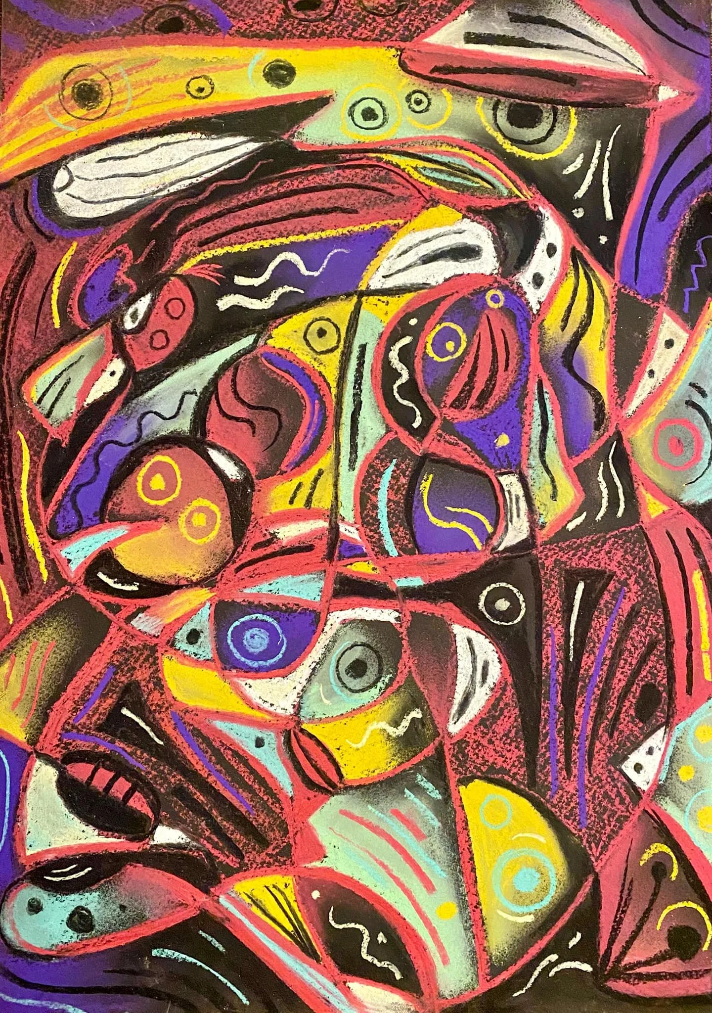 Spirit Map abstract by Lindsay D’Amour Williams – Oracle Art with geometric shapes in yellow, orange, and purple  outlined in black for luxury collectors.