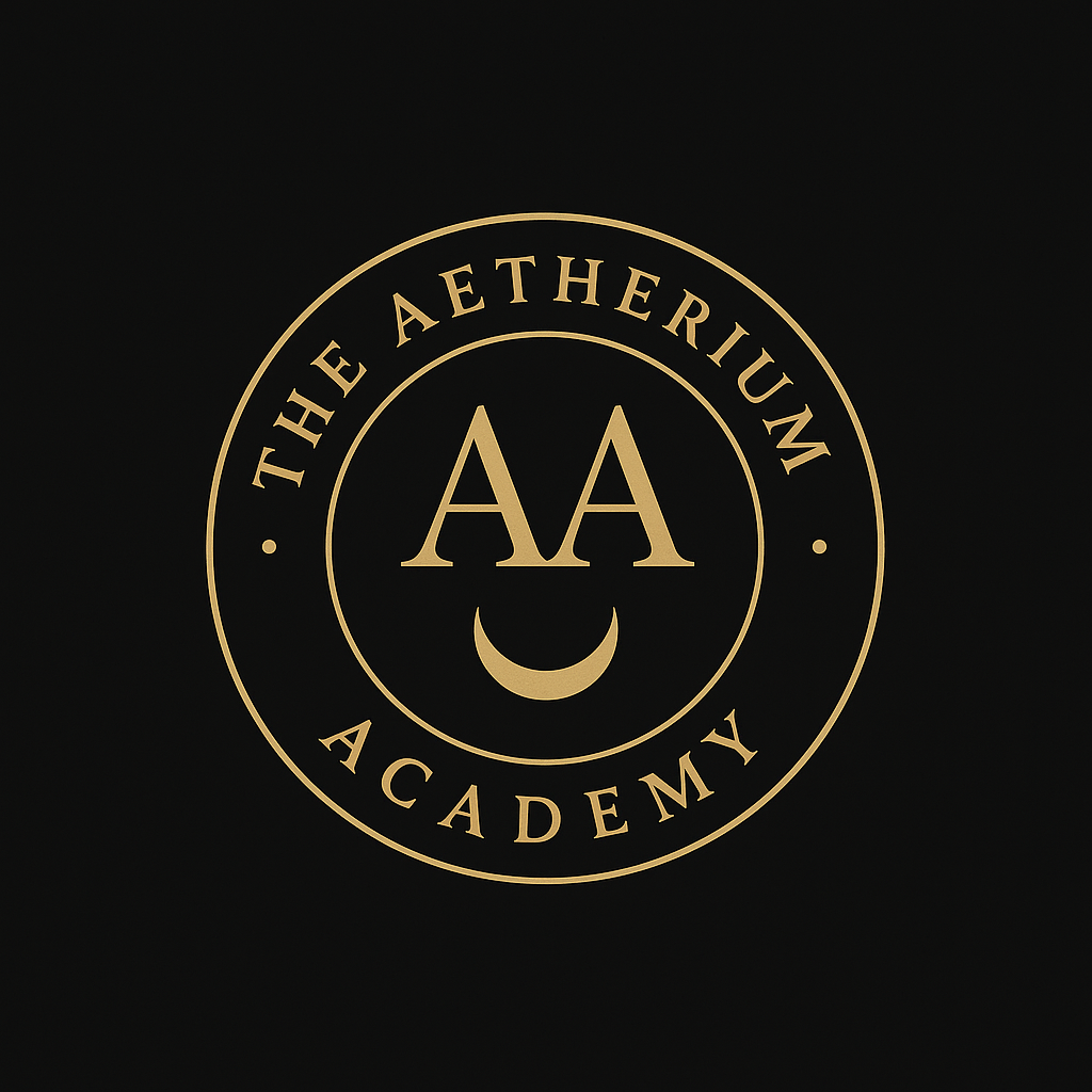 Gold logo on black background for The Aetherium Academy, with three stylized A's and a crescent moon.