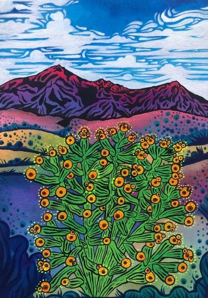 Gouache desert landscape showing a blooming green cholla cactus in the foreground, rolling purple and teal hills, and magenta mountain peaks under a vivid blue sky with sweeping white cloud formations.