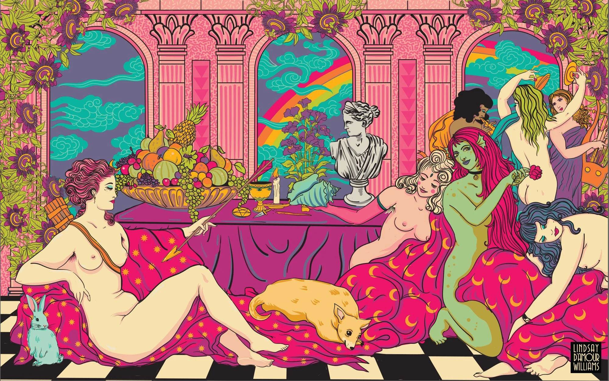 Large-scale mural depicting reclining nude female figures gathered around a table of fruit beneath pink classical arches, with draped fabric, sculptural bust, and stylized clouds in a saturated magenta, green, and teal color palette.