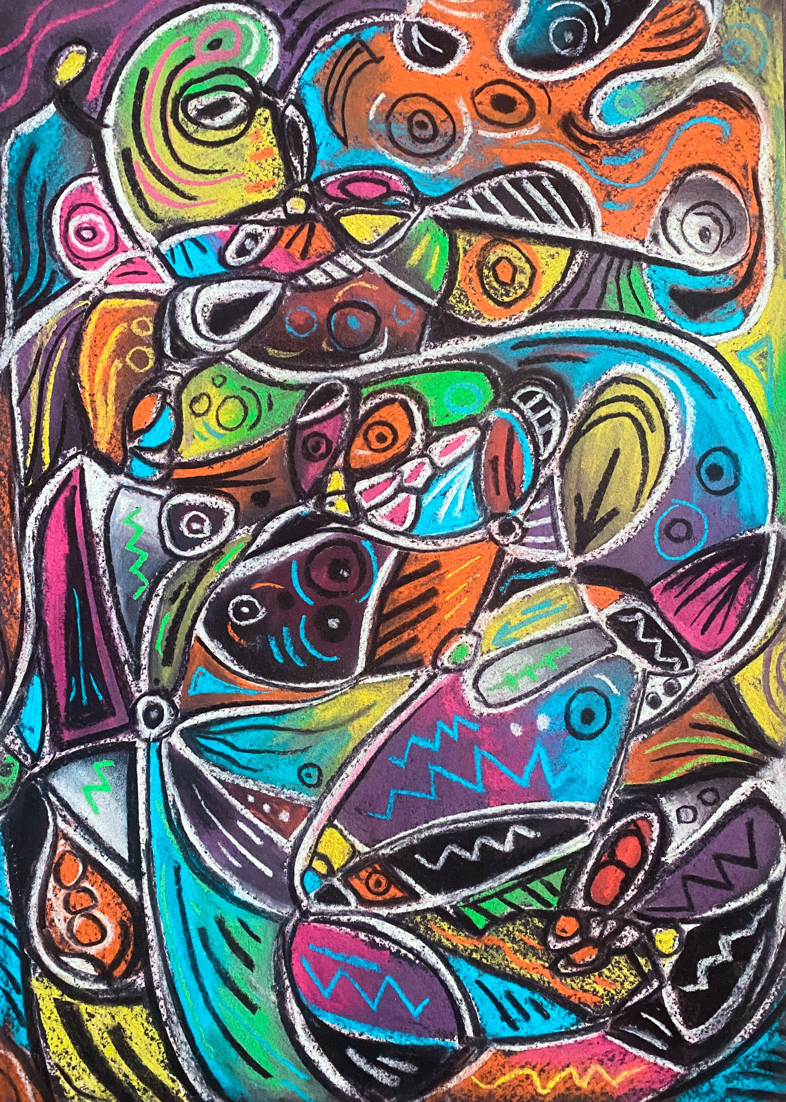 Lindsay D’Amour Williams Oracle Art – mystical abstract painting featuring pink, yellow, green, and blue patterns with bold black and white accents.