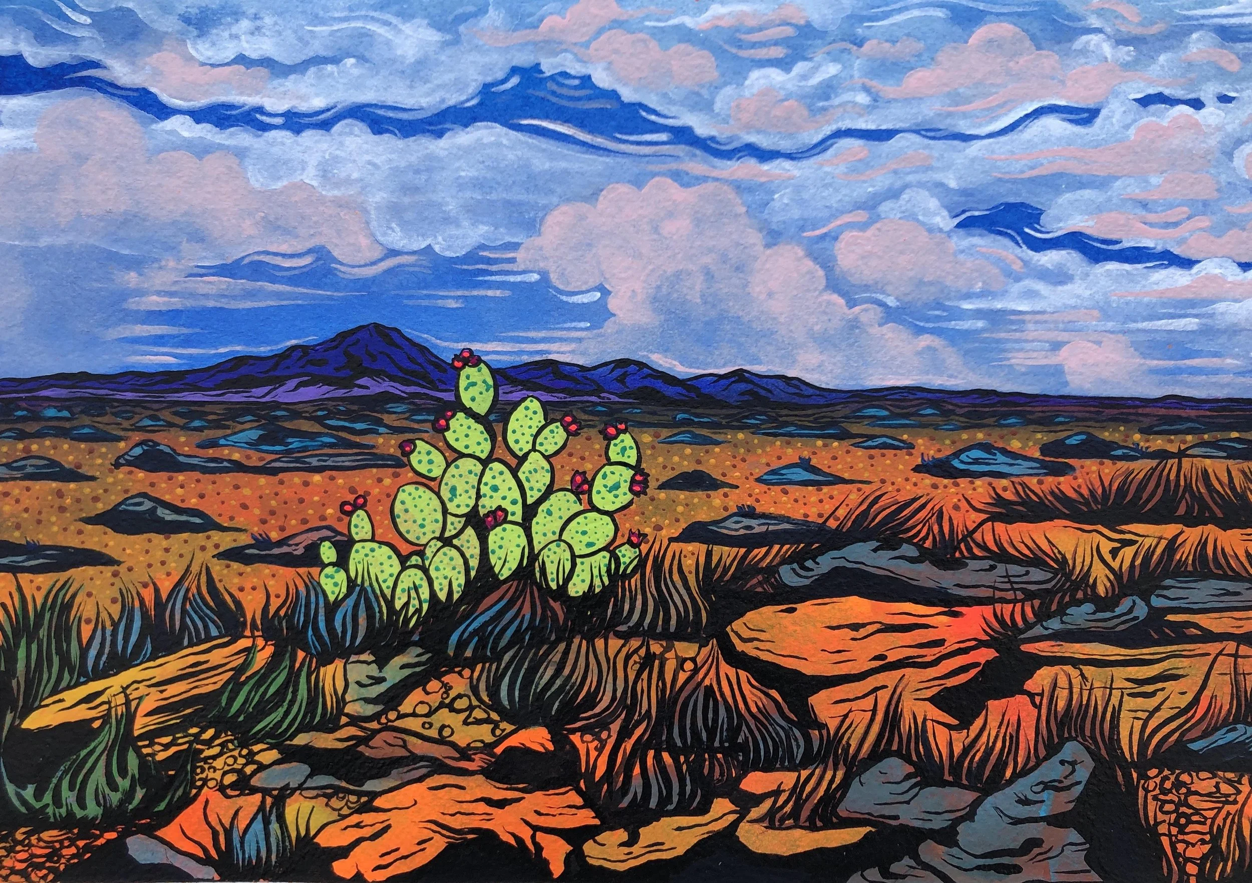 Desert landscape showing a prickly pear cactus with red fruit in the foreground, textured orange rock formations and grasses casting deep blue shadows, expansive golden plains, distant violet mountains, and a vivid blue sky with sweeping pink-tinged 