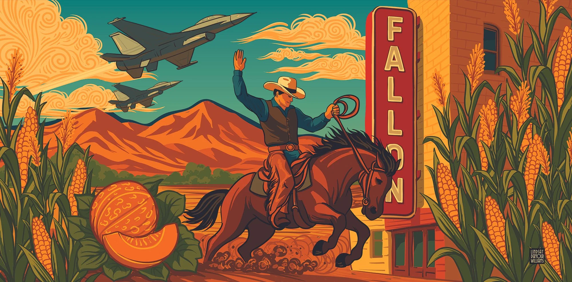 Fallon Community Mural, 2024. Colorful illustration-style mural featuring a cowboy riding a horse in front of orange desert mountains, fighter jets flying overhead, tall corn stalks, a sliced cantaloupe, and a vertical red ‘Fallon’ sign on a building