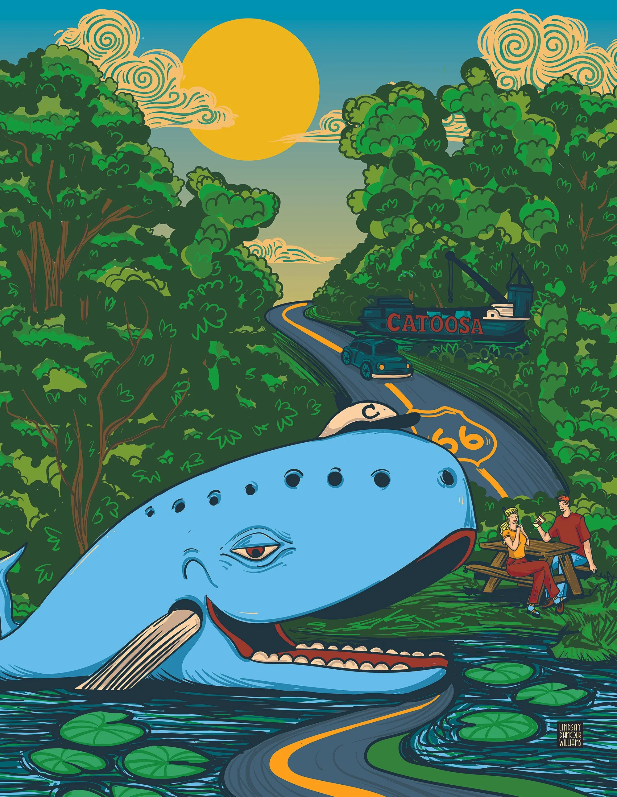 Catoosa Community Mural. Large-scale illustrated mural featuring the Blue Whale of Catoosa in the foreground, a winding Route 66 road through green trees, a ‘Catoosa’ sign in the distance, a vintage car, and a couple seated at a picnic table under a 