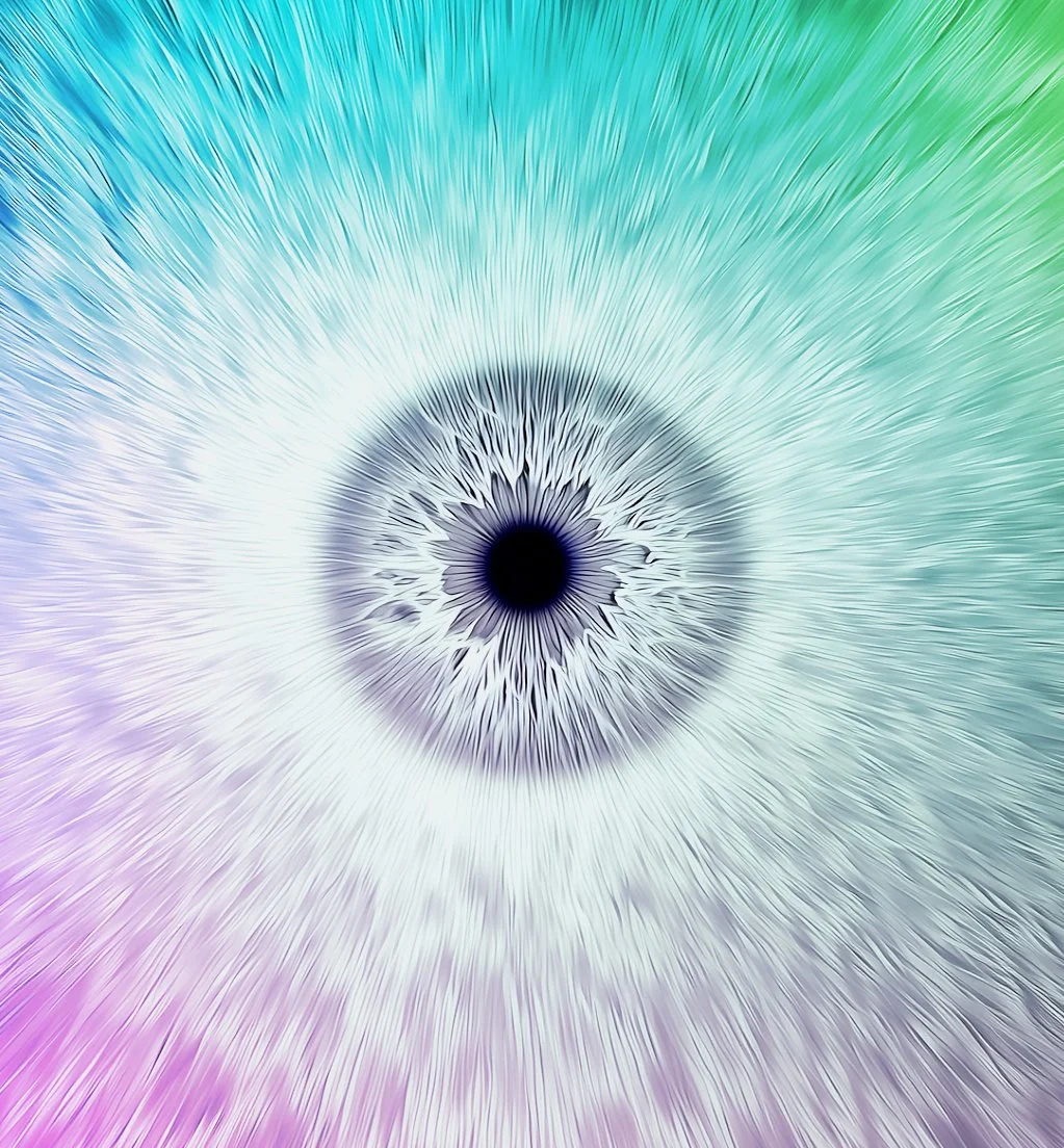 Close-up of an eye with a distorted, abstract design and pastel rainbow colors in the background.