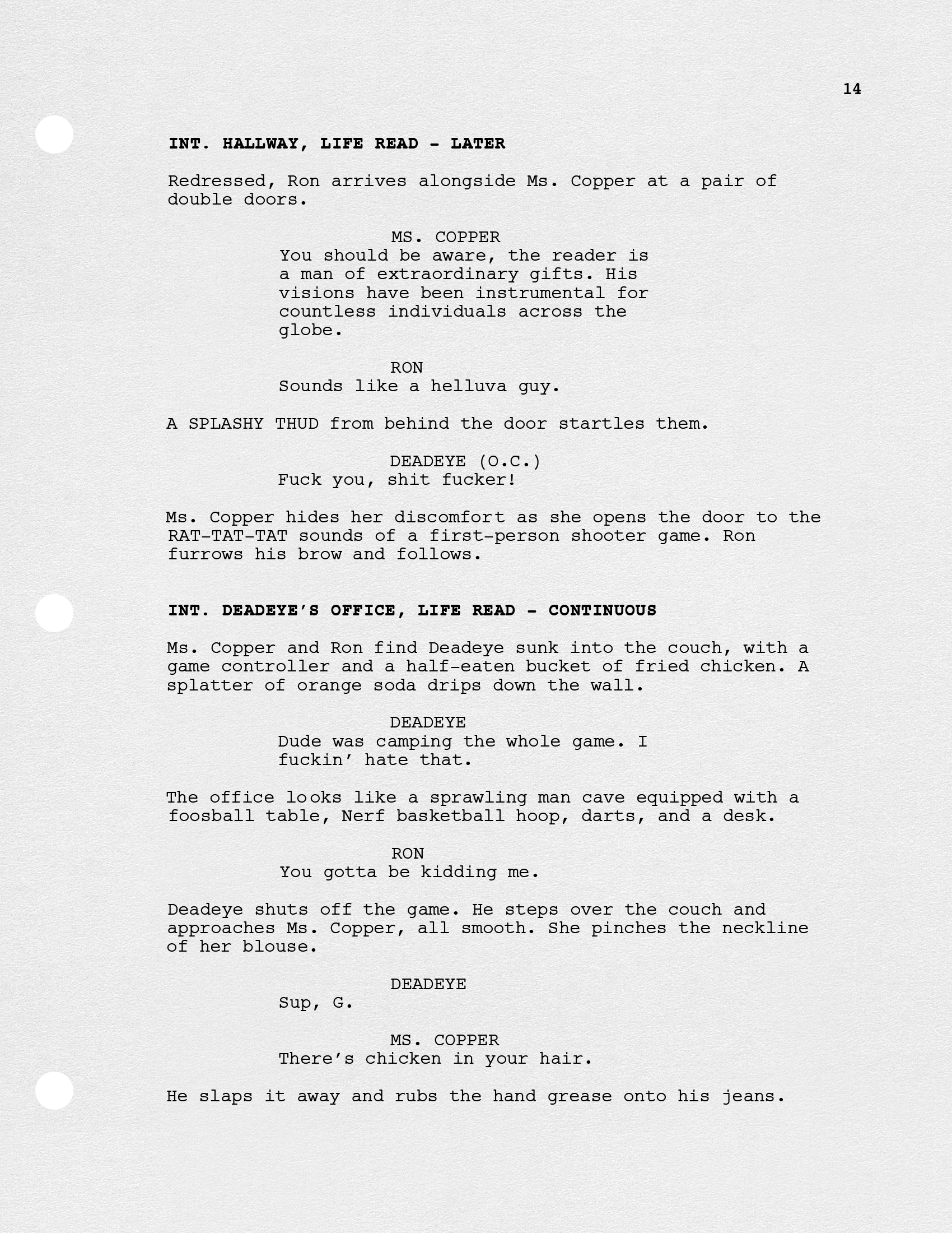 A script page with dialogue from a play, including scene descriptions, character names, and lines, related to a hallway scene and an office scene in a life reading.