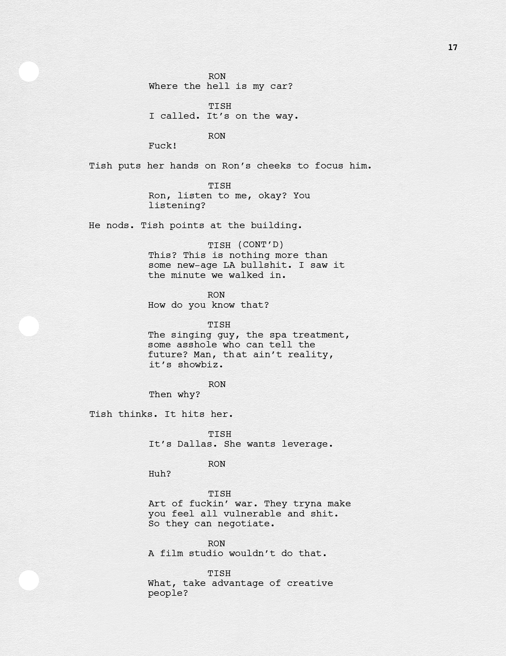 A screenplay page with dialogue between characters Ron and Tish discussing a building and cultural commentary.