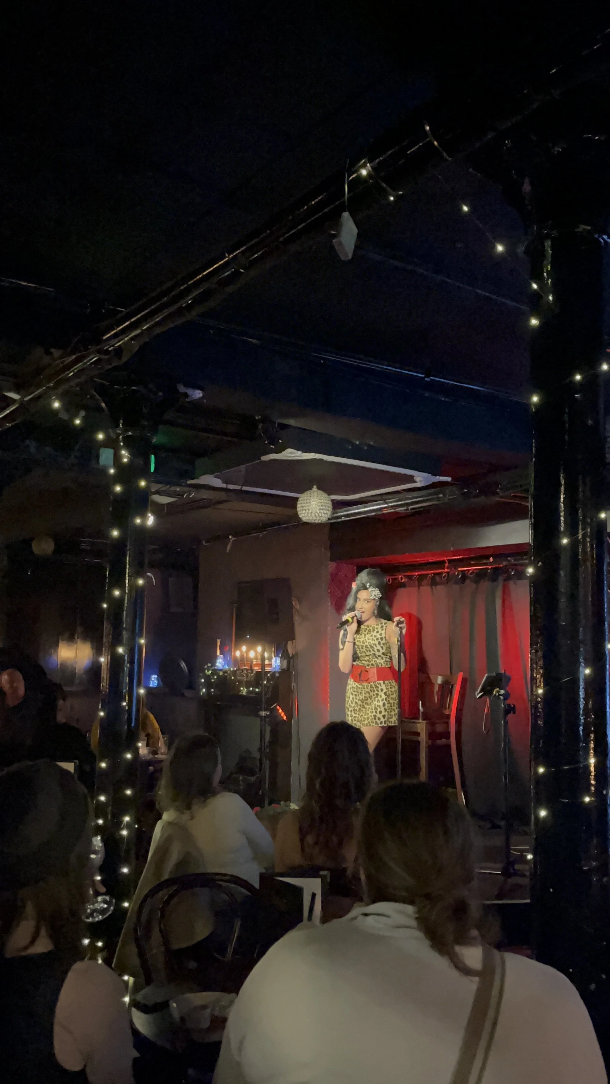 A singer dressed in a leopard-print dress with a red belt performing on a small stage in a dimly lit venue with audience seated at tables.