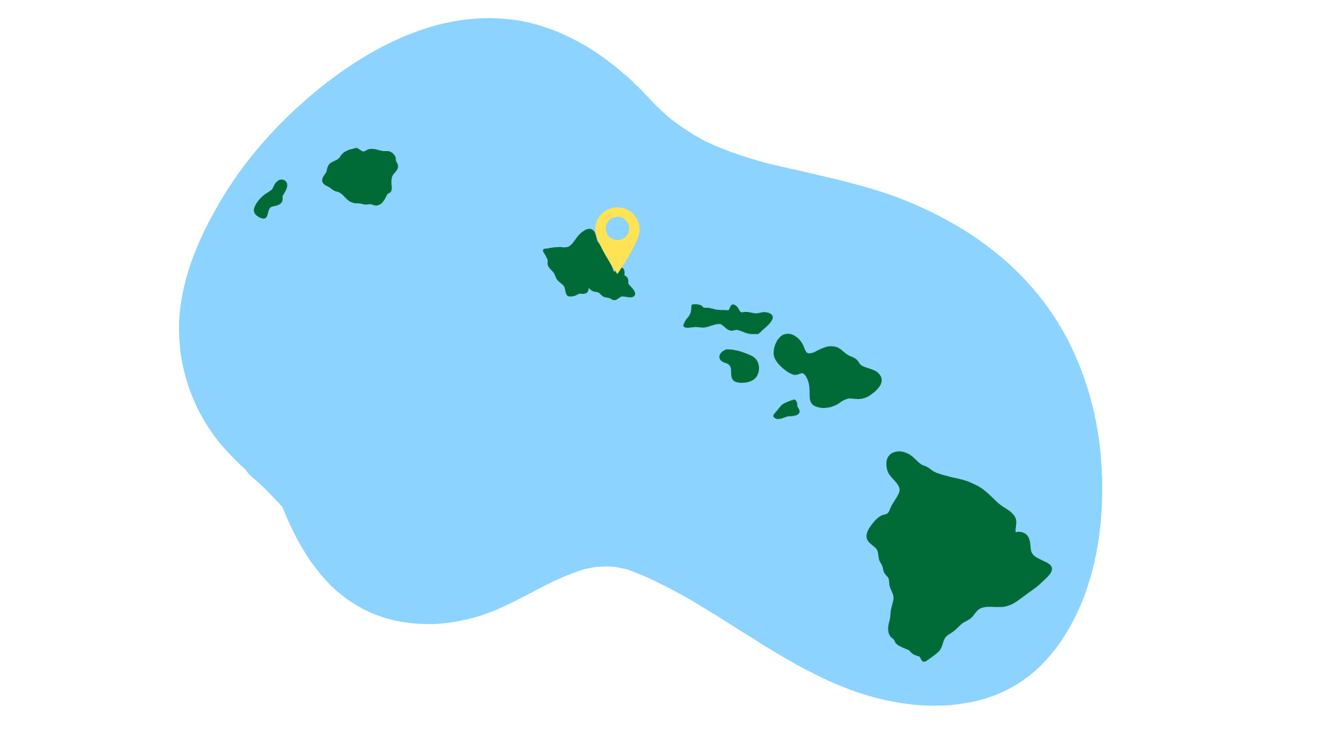 Map of Hawaii showing the main islands in green and a blue background representing the ocean. A yellow location marker is placed on the island of Oahu.