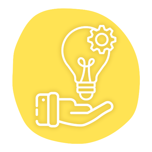 Icon of a hand holding a lightbulb with a gear inside it, symbolizing ideas and innovation, on a yellow circular background.
