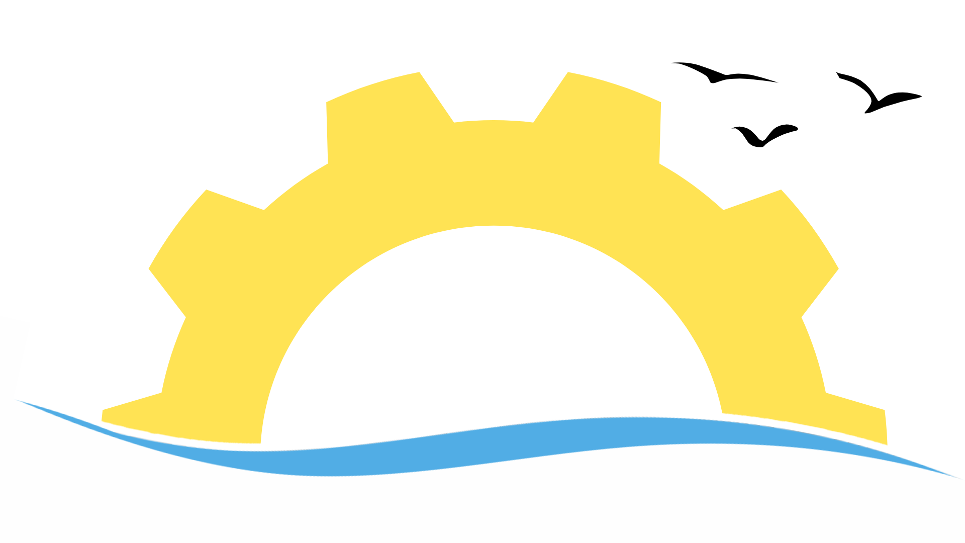 A stylized graphic featuring a yellow gear, a blue wave, and three black flying birds.