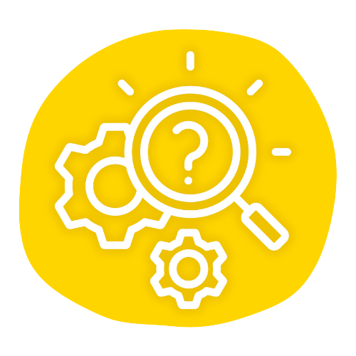Icon with gears and magnifying glass containing a question mark, symbolizing search and problem-solving.