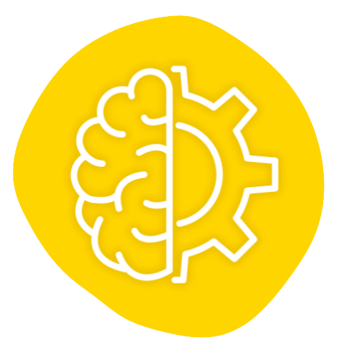 Illustration of a brain and gear, symbolizing intelligence and engineering, on a yellow circular background.