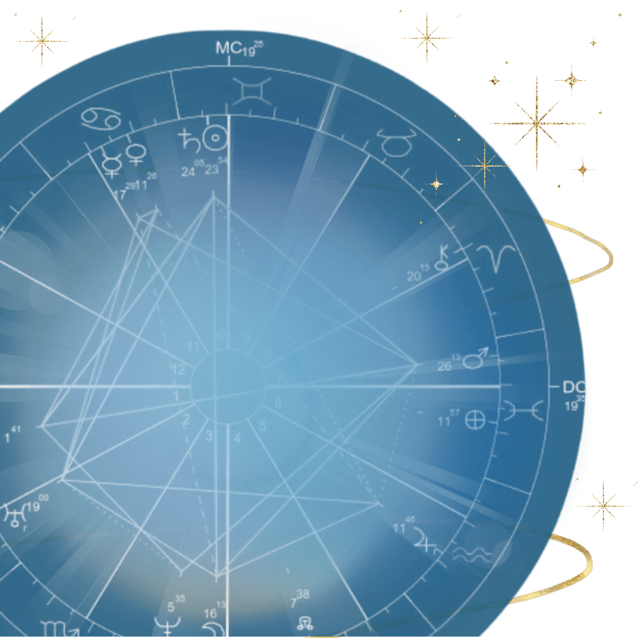 An astrological chart overlayed with a starry night sky background, featuring zodiac symbols and planetary positions.