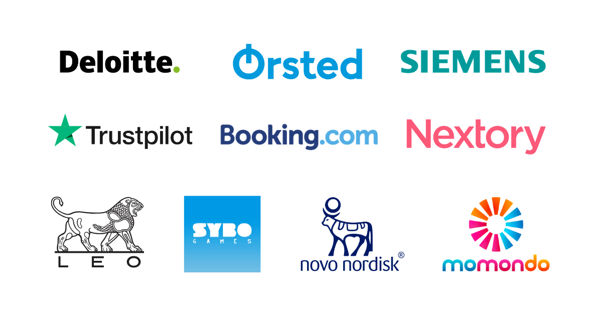 Logos of various companies including Deloitte, Orsted, Siemens, Trustpilot, Booking.com, Nextory, Leo, SYBO Games, Novo Nordisk, and Momondo.