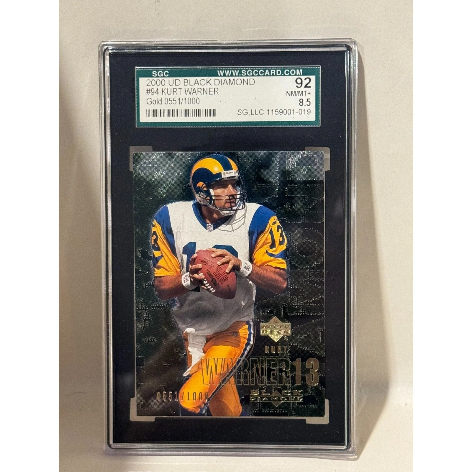 2000 Upper Deck Black Diamond #94 Kurt Warner SGC 92 NM/MT+ Gold 551/1000