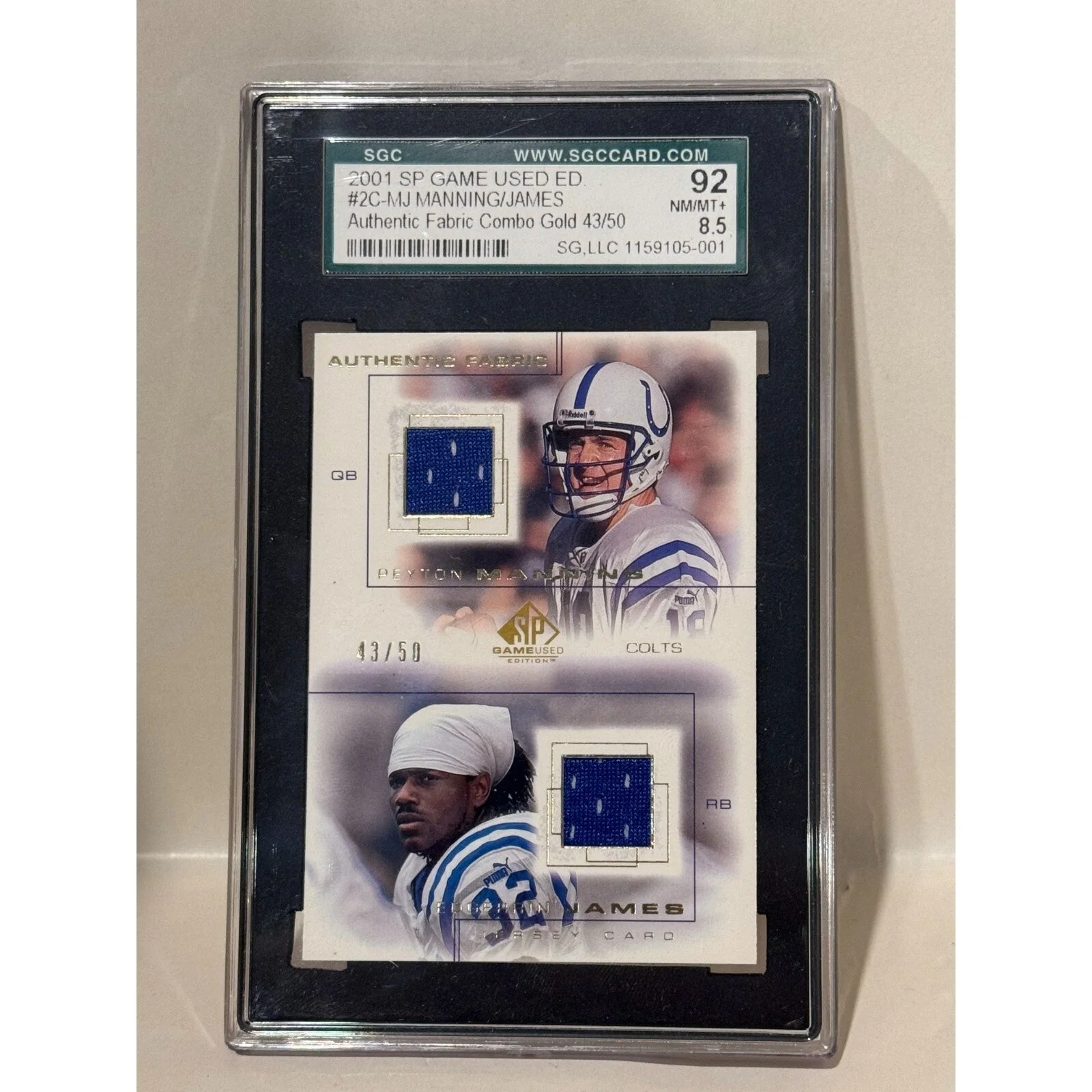 2001 UD SP Game Used Ed Authentic Fabric Gold #2C-MJ Manning/James 43/50 SGC 92