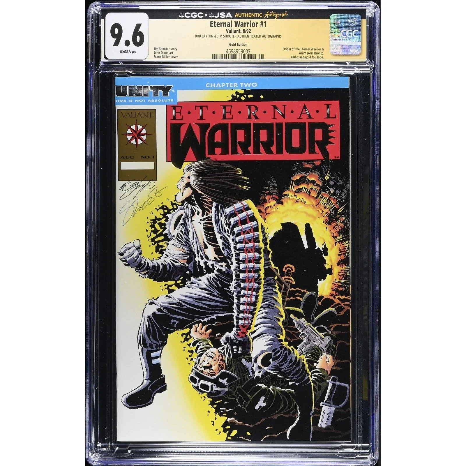 Valiant Eternal Warrior #1 CGC 9.6 (1992) Gold Embossed! Shooter & Layton sigs!