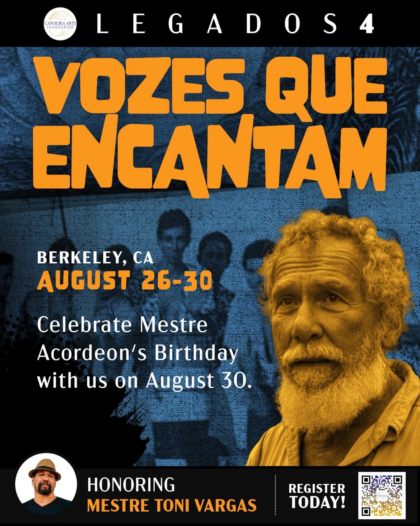 Join us as we celebrate Mestre Acordeon&rsquo;s birthday during Legados 4. We look forward to celebrating with you!

Please confirm your participation so we can prepare a memorable celebration for everyone. Register today!

#legados
#legadosnacapoeir