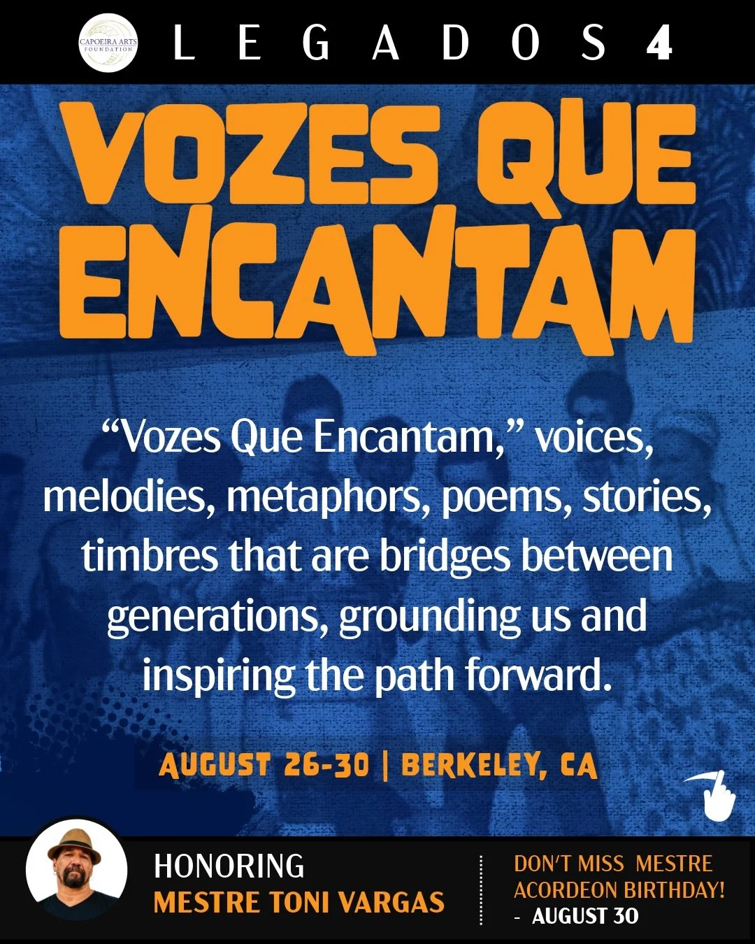 Don&rsquo;t miss your chance to take advantage of our Early Bird pricing. Register today!

&ldquo;Vozes Que Encantam,&rdquo; voices, melodies, metaphors, poems, stories, timbres that are bridges between generations, grounding us and inspiring the pat