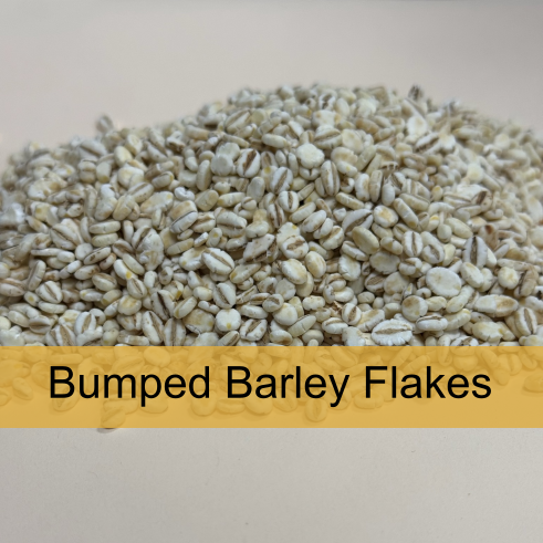 Close-up of bumped barley flakes scattered on a surface with a yellow banner that says 'Bumped Barley Flakes'.