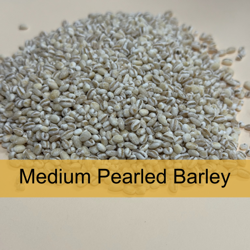 Close-up of medium pearled barley grains on a white surface with a yellow label reading 'Medium Pearled Barley'.