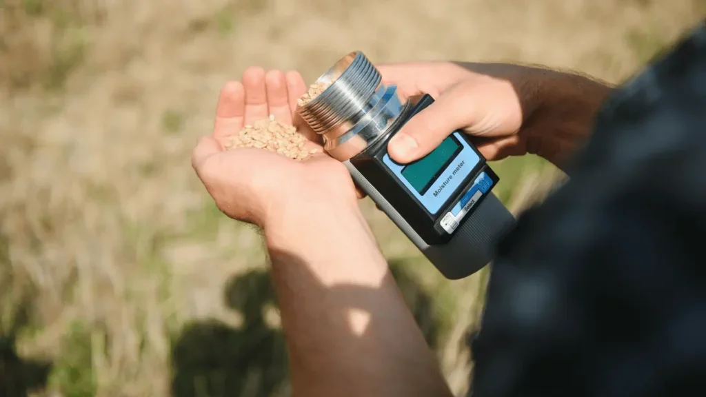 Person holding a digital moisture meter and examining soil or sample in their hand outdoors.