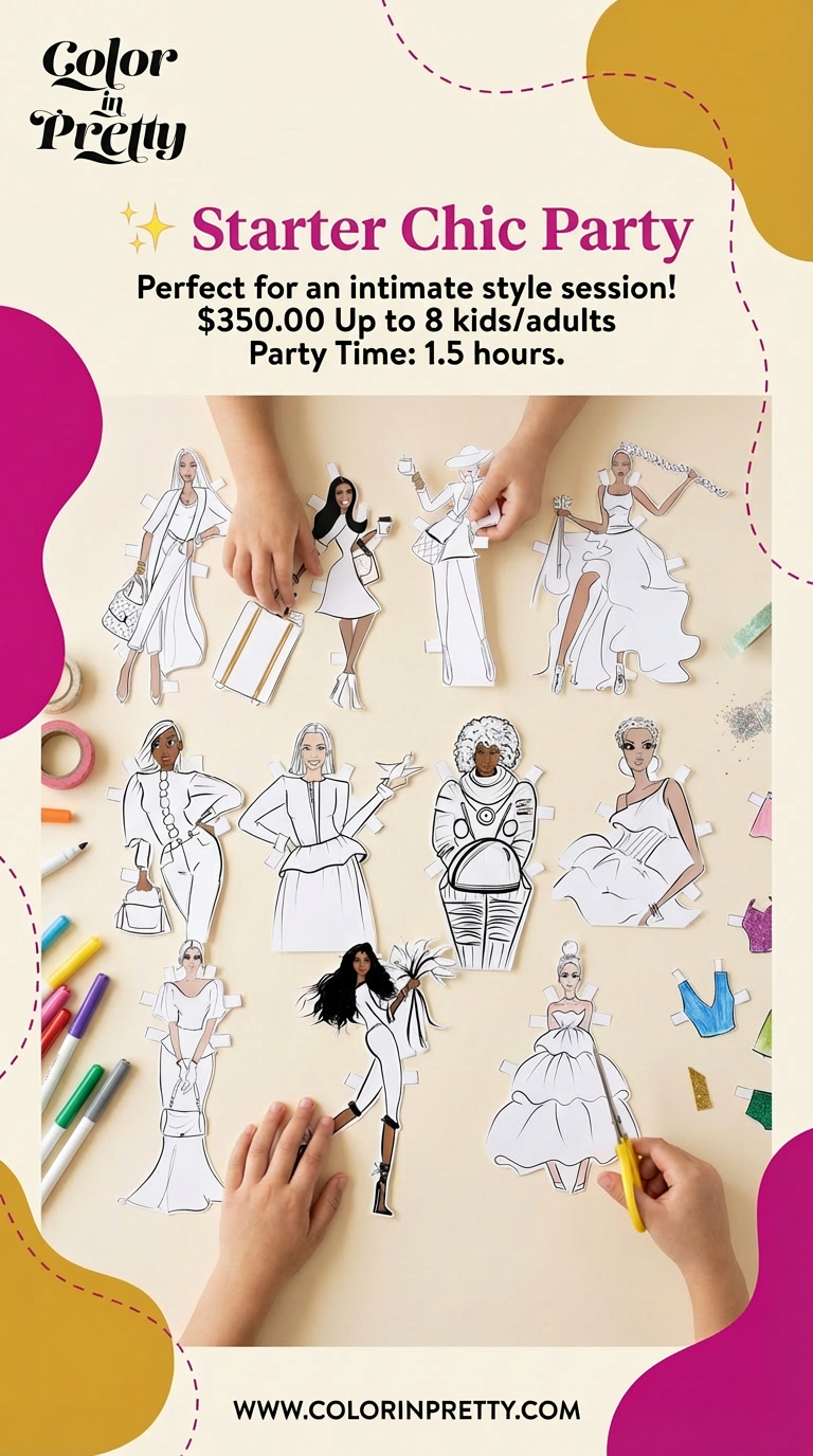 Hands coloring fashion illustrations on paper with colored markers and scissors, surrounded by fashion sketches of women in various stylish outfits, with promotional text for a chic party starter event.