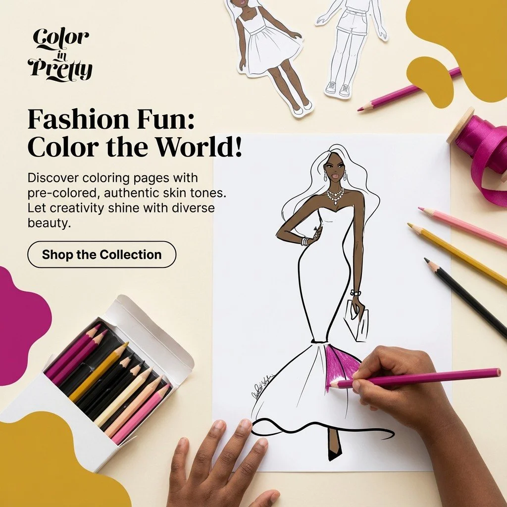 Color In Pretty offers coloring sheets featuring pre-colored, authentic skin tones, letting creativity shine with diverse beauty. Explore our collection of fashion-themed paper dolls. #coloringpages #coloringbooks #paperdolls #illustrations #diversit