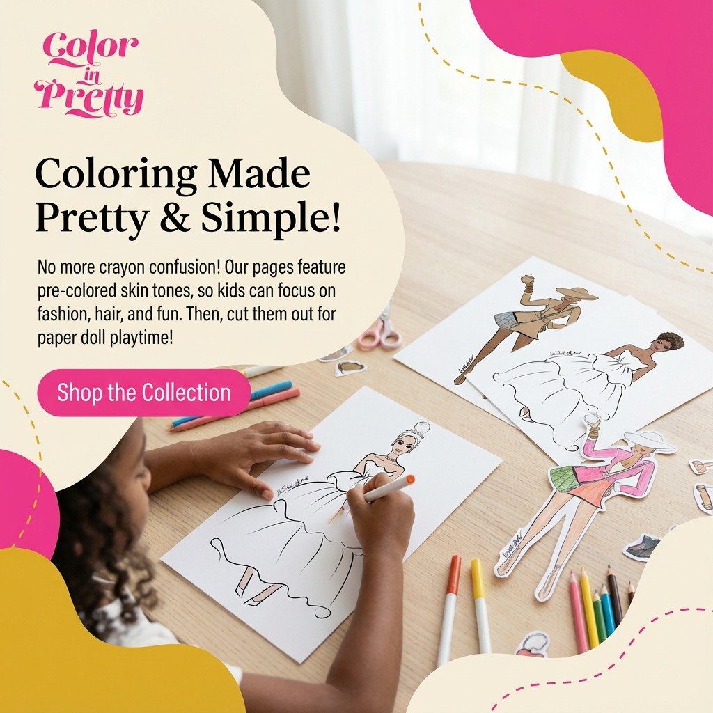Color In Pretty coloring pages empower creativity by providing pre-colored skin tones. Children can focus on designing unique outfits and hairstyles, then transform their creations into engaging paper dolls. Click the link in bio to shop. #coloringbo